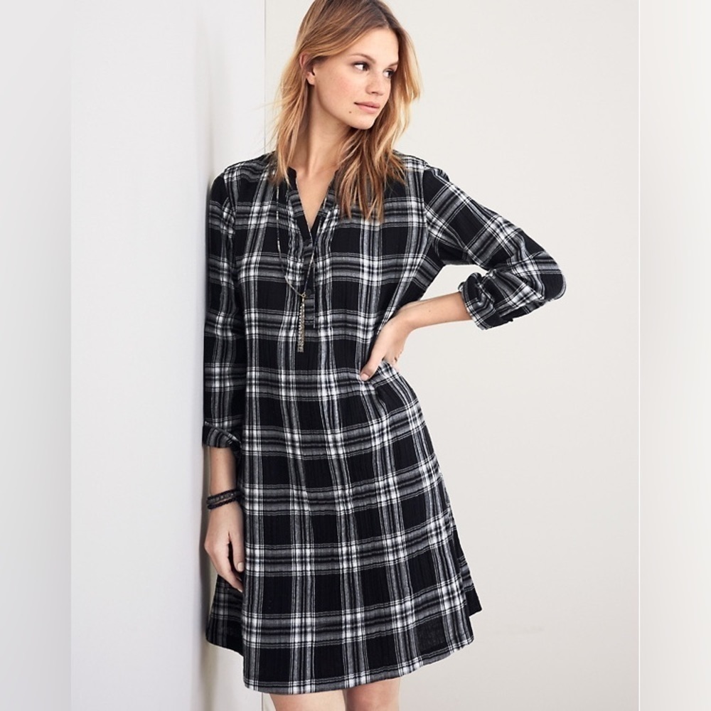 GARNET Hill Women's Black Plaid Organic Cotton Long Sleeve Pop Over Shirt Dress